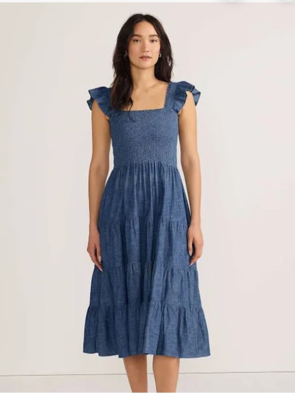 Lands' End Denim-Blue Chambray Smocked Midi Skirt Dress with Ruffle Straps